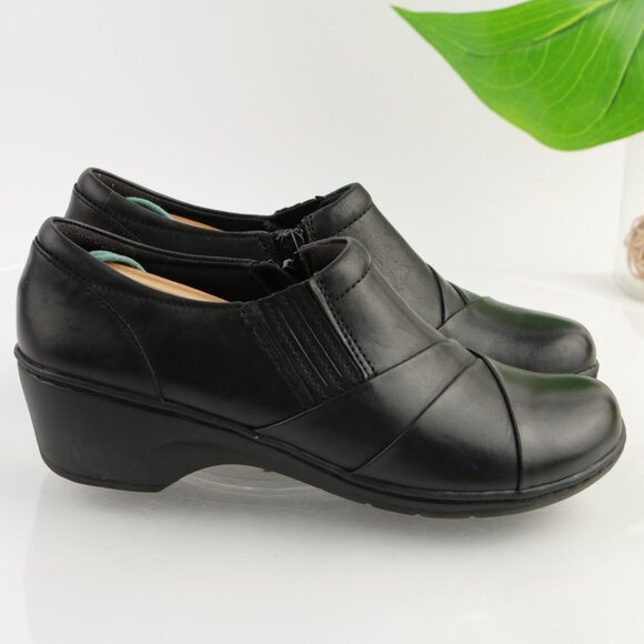 Clark Womens Channing Essa Bootie Size 7.5 Black Leather Loafer Wedge Heel Clogs - Picture 7 of 12